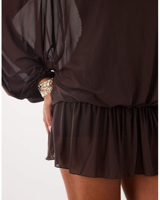 ASOS Brown Mesh Blouson Drape Mini Dress