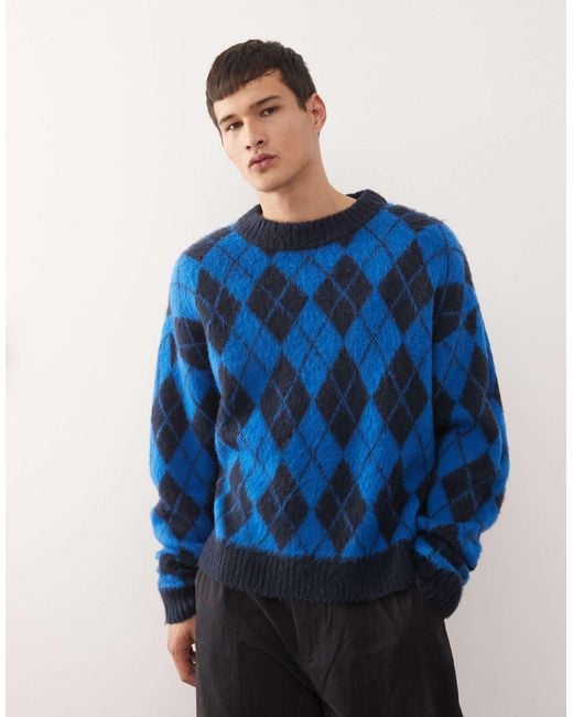 Collusion Blue Argyle Knitted Sweat for men