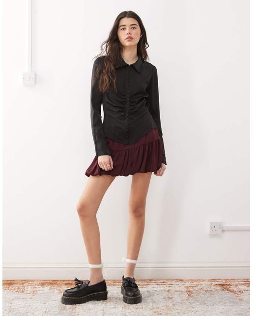 Weekday Black Ruched Satin Shirt