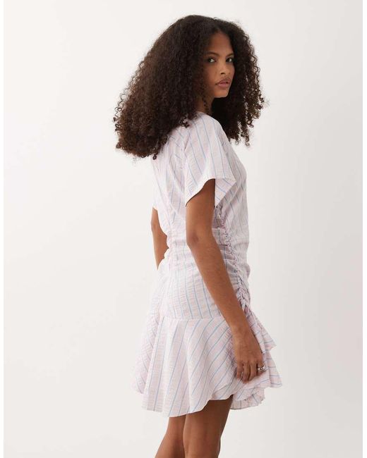 ASOS Multicolor Short Sleeve Mini Dress With Ruching Tie Waist Detail