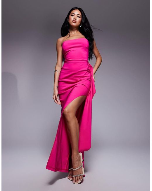 Vesper Pink Bengaline Bandeau Side Drape Detail Maxi Dress