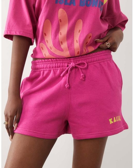 Kaiia Pink Cotton Rich Embroidered Logo Mini Sweat Shorts