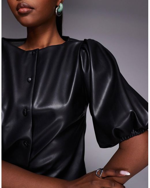 ASOS Blue Pu Puff Sleeve Button Through Top