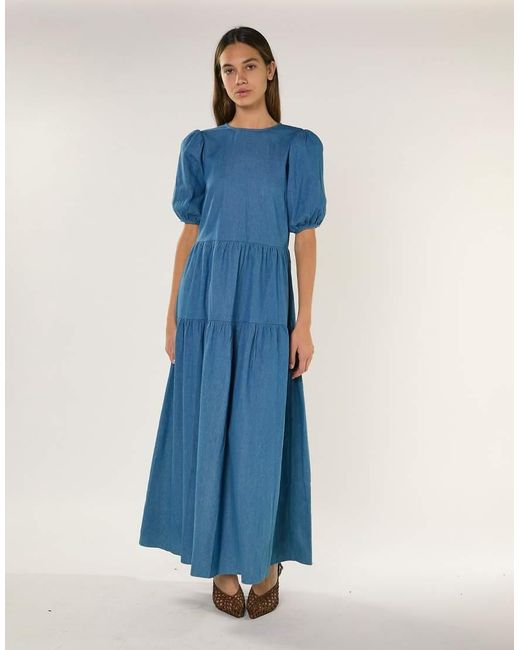 Glamorous Blue Tiered Maxi Dress With Puff Sleeves