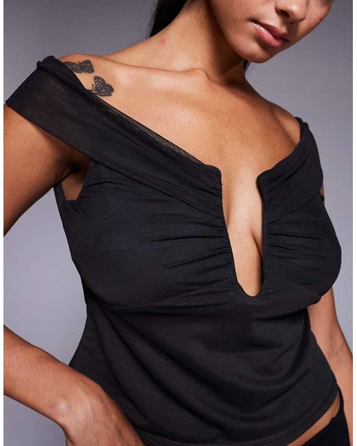ASOS Black Mesh Plunge Detail Bardot Top