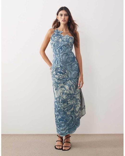 ARRANGE Blue Linear Floral Embroidered One-shoulder Column Maxi Dress