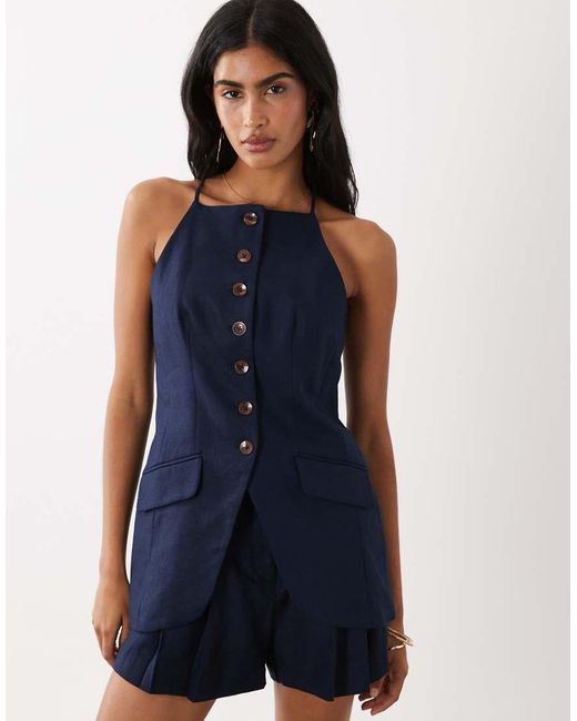 River Island Blue Linen Blend Longline Waistcoat