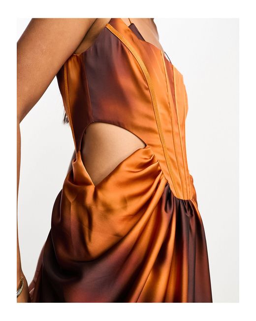 Vestito lungo con stecche effetto corsetto e gonna drappeggiata con stampa sfumata con cut-out di ASOS in Orange
