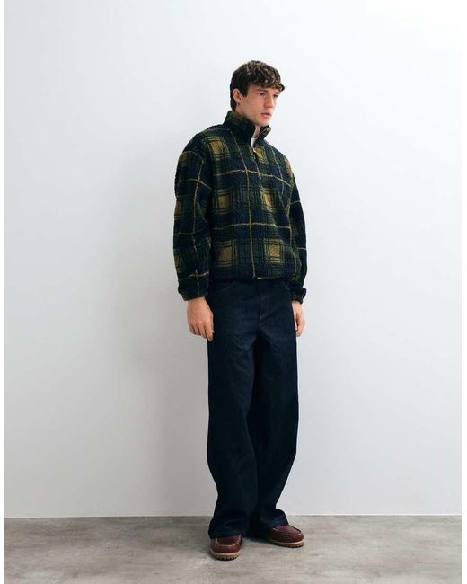 ASOS Blue Oversized Borg Quarter Zip With Check Print for men