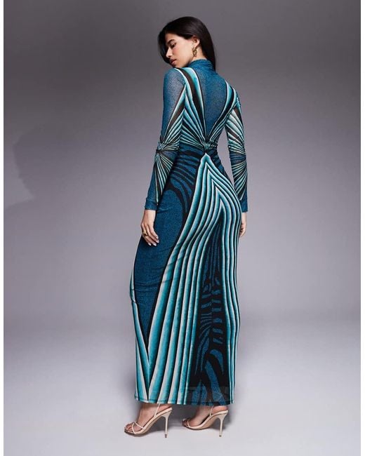 AFRM Blue Stretch Mesh Abstract Stripe High Neck Long Sleeve Maxi Dress