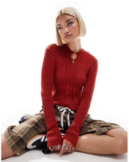 Daisy Street Red Fitted Pull Over Rib Knit Jumper With toggle Detail Keyhole