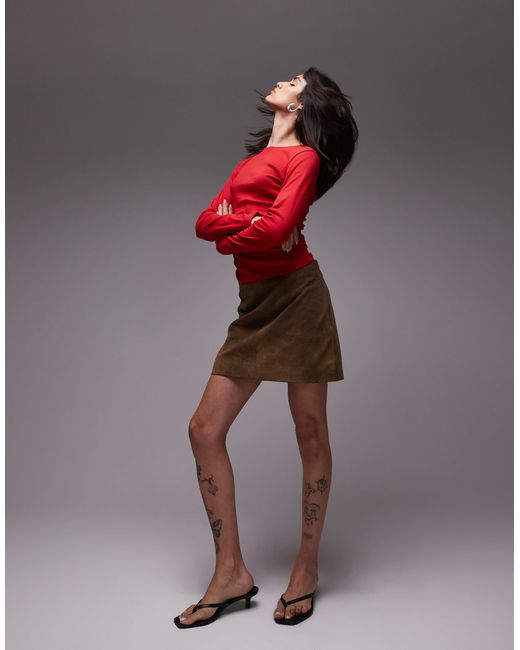 Top froncé sur les côtés à manches longues TOPSHOP en coloris Red