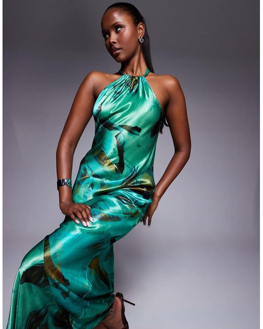River Island Satijnen Maxi Jurk Met Halternek in het Green