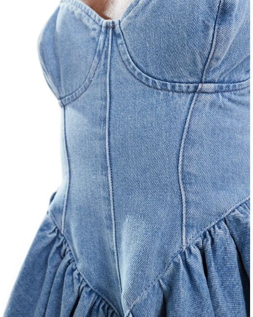 ASOS Blue Denim Corseted Skater Mini Dress With Bow Back