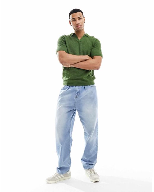 Polo en maille crochetée avec col cranté - kaki ASOS pour homme en coloris Green