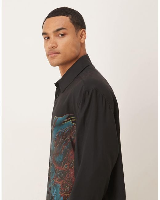 ASOS Black Oversized Square Collar Shirt With Dragon Print for men