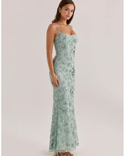 House Of Cb Green Naima Jade Hand Beaded Embellished Corset Maxi Dress