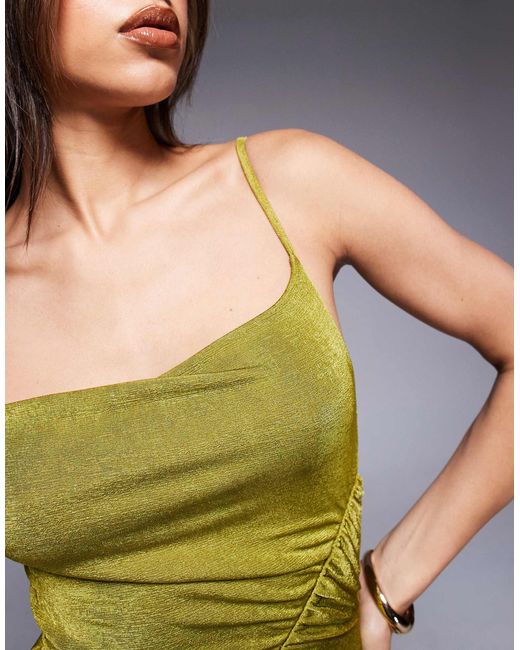 ASOS Green Fallen Shoulder With Ruching Maxi Dress