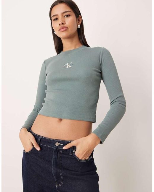 Calvin Klein Gray Monogram Logo Long Sleeve Top