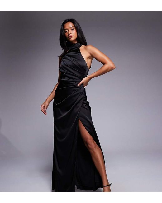 TFNC London Blue Satin High Neck Maxi Dress