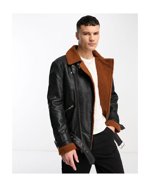 Muubaa White Belted Leather Aviator Jacket for men