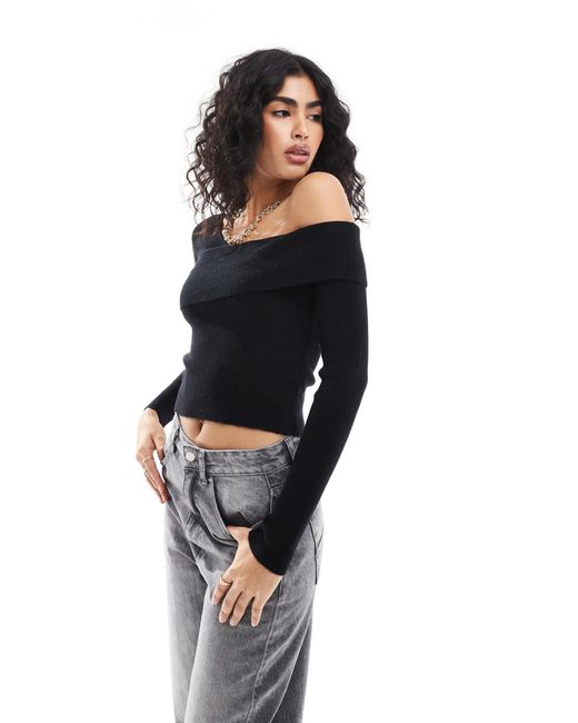 Top asymétrique à manches longues en maille côtelée Miss Selfridge en coloris Black