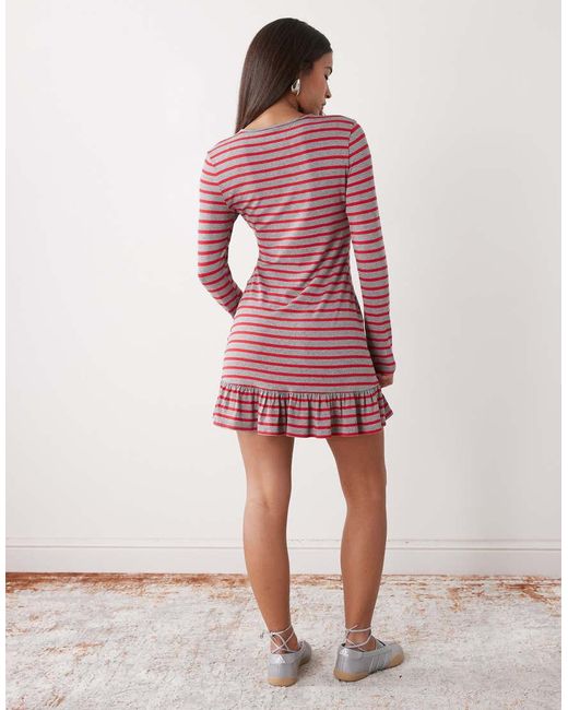 Collusion Red Long Sleeve Stripe Drop Waist Mini Dress