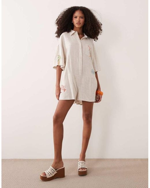 ASOS Natural Short Sleeve Shirt Playsuit With Embroidery Detail