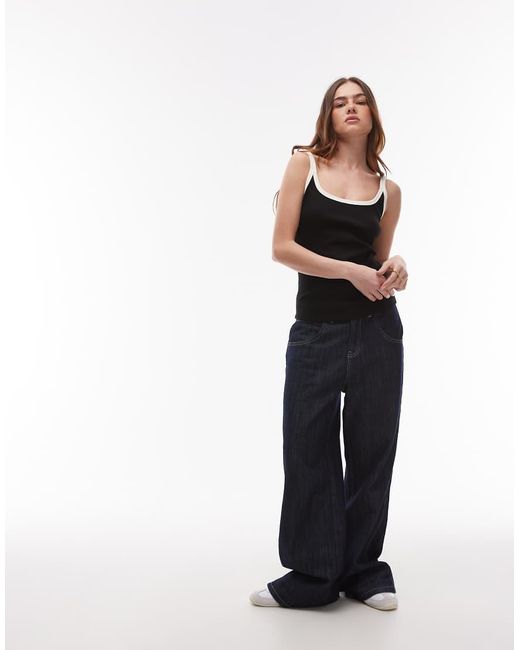 TOPSHOP Geribbeld Hemdje Met Lage Ronde Hals En Dunne Bandjes in het Black