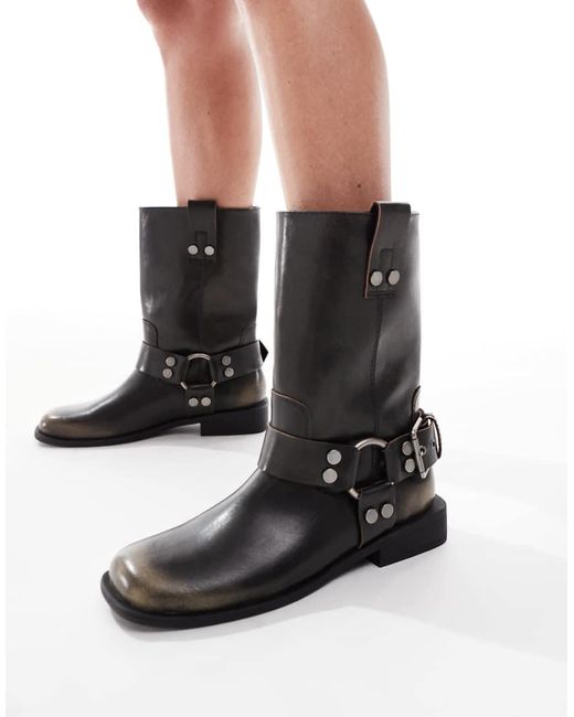 Botas Biker Marrones Planas Con Acabado Cepillado Arley De -Marrón Asos Design Wide Fit de color Black