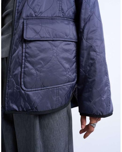 TOPSHOP Blue Two-tone Collarless Fleece Liner Jacket