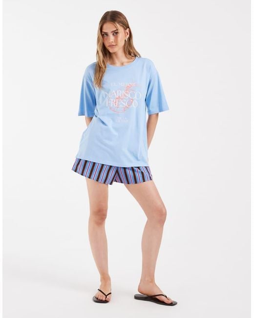 ONLY Blue Oversized T-Shirt With Seafood Graphic Print