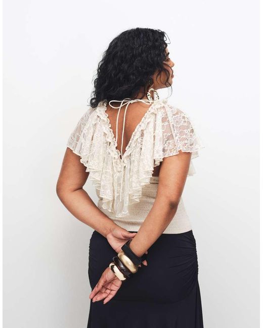 ASOS White Asos Design Curve Shirred Lace Overlay Tie Back Top