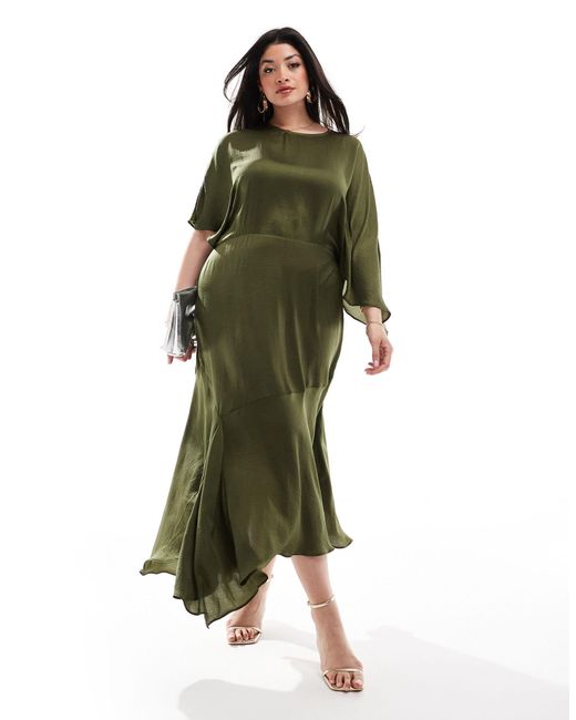 ASOS Green Asos Design Curve Satin Flutter Sleeve Asymmetric Hem Midi Dress