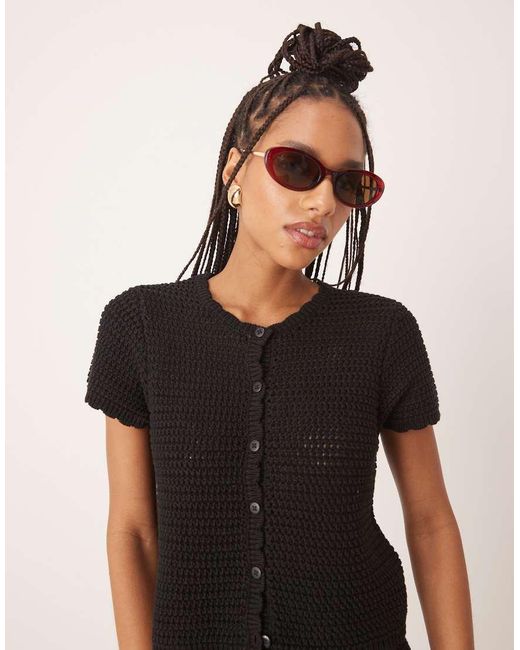 Gina Tricot Black Co-Ord Crochet Button Up Short Sleeve Top