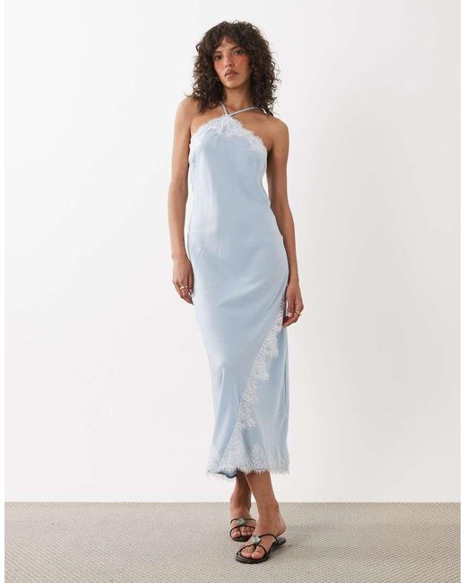New Look White Asymmetric Halterneck Satin Lace Midi Dress