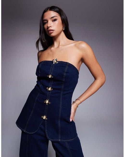 River Island Blue Flower Button Detail Denim Jumpsuit