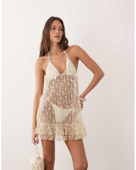 Miss Selfridge Natural Beach Lace Embellished Halterneck Mini Dress