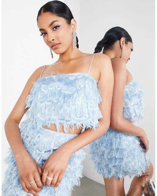 ASOS Fringe Jacquard Cami Crop Top in Blue | Lyst