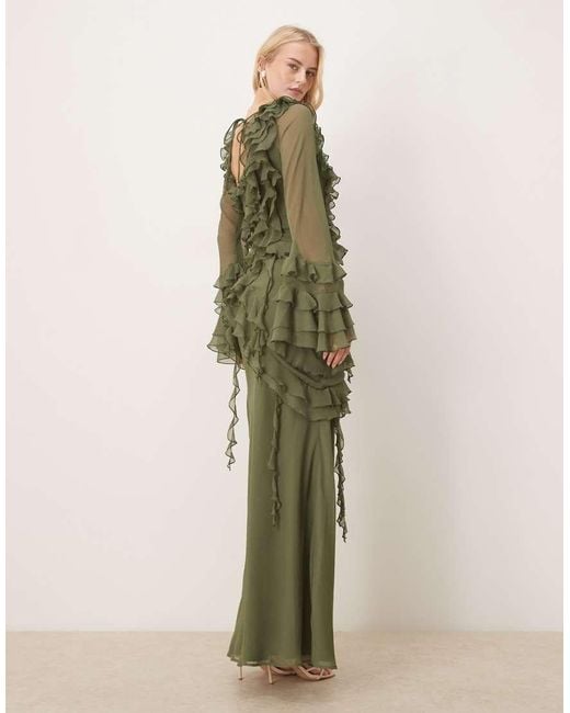 ASOS Green Asos Design Tall Chiffon Long Sleeve Asymmetric Tiered Soft Ruffle Maxi Dress