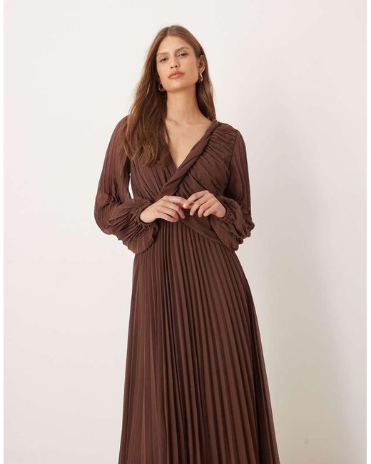 ASOS Brown Twist Detail Wrap Front Pleated Midi Dress