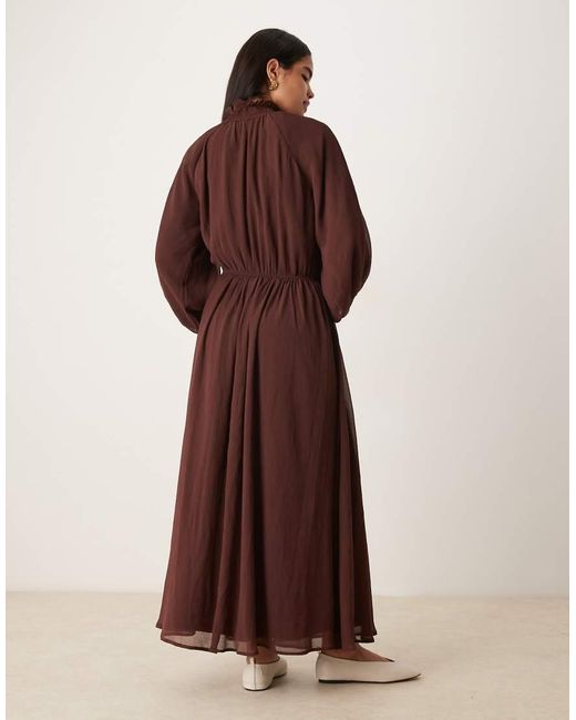 ASOS Brown High Neck Ruffle Detail Chiffon Maxi Dress