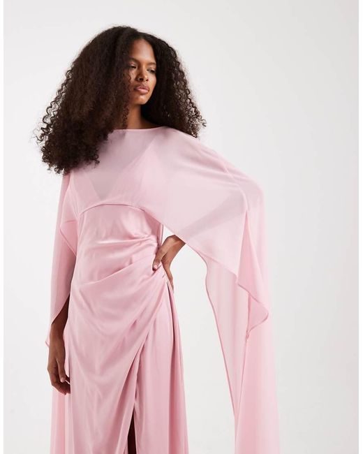 TFNC London Pink Bridesmaids Satin Maxi Dress With Mesh Cape