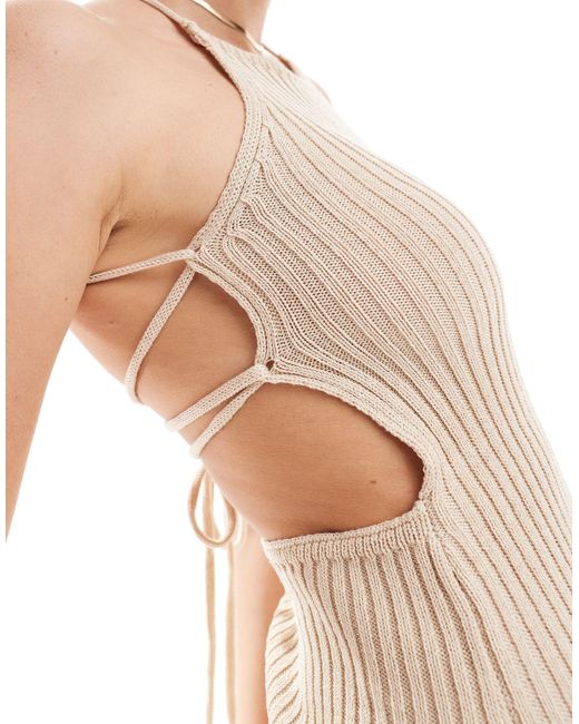 Bershka Natural Lace Up Back Crochet Knit Mini Dress
