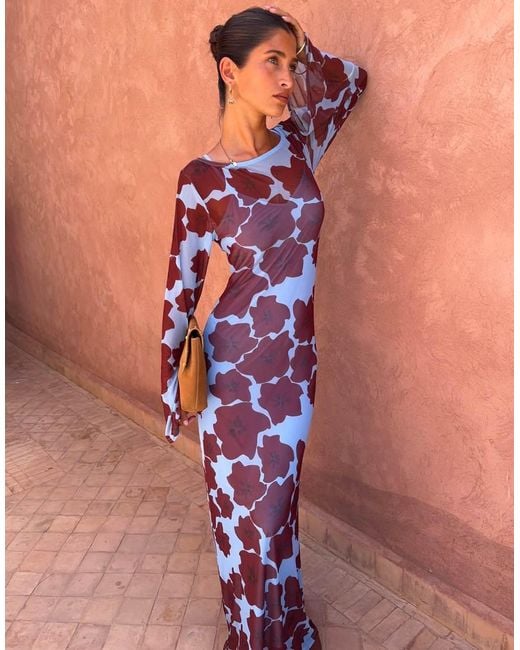 Never Fully Dressed Blue Mesh Long Sleeved Crew Neck Maxi Dress