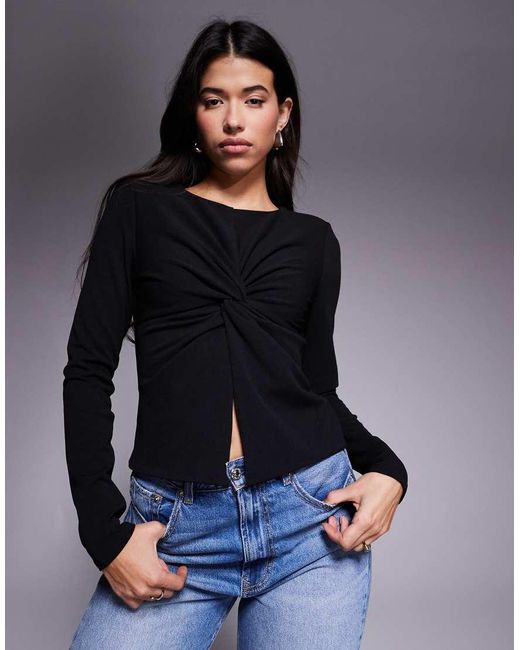 ASOS Blue Crepe Twist Front Long Sleeve Top With Shoulder Pads