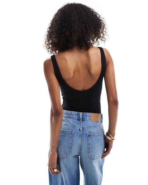 Bershka Black Plunge Neck Bodysuit With Side Ruching