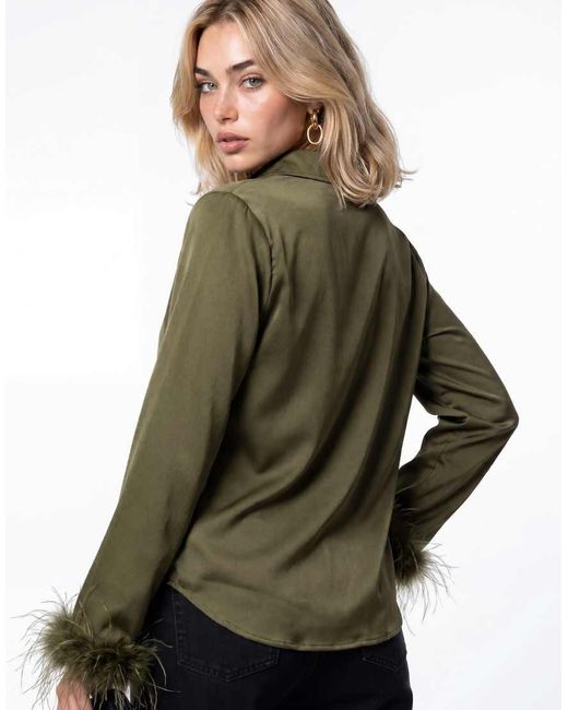 Lovedrobe Green Feather Cuff Satin Shirt