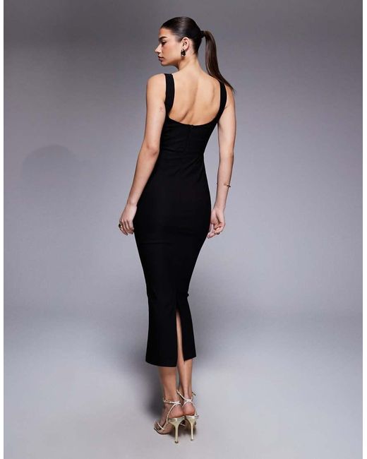 Vesper Blue Bengaline V Neck Lace Trim Strappy Maxi Dress
