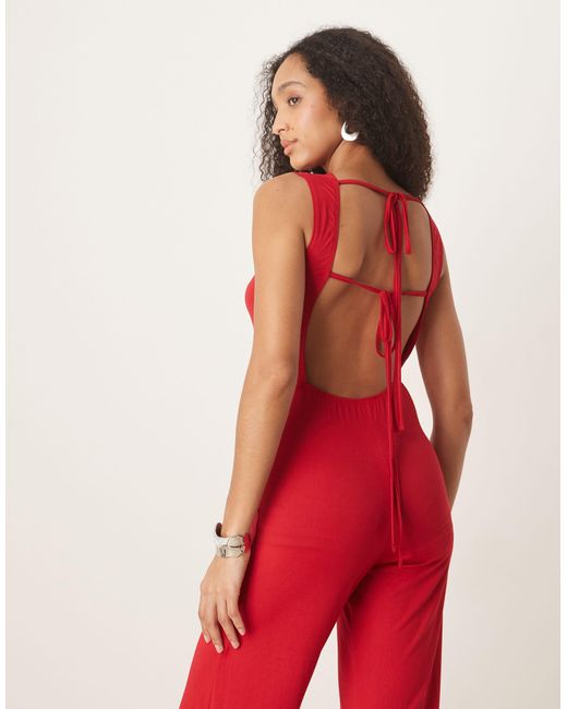 ASOS Red Slash Neck Sleeveless Open Back Jumpsuit